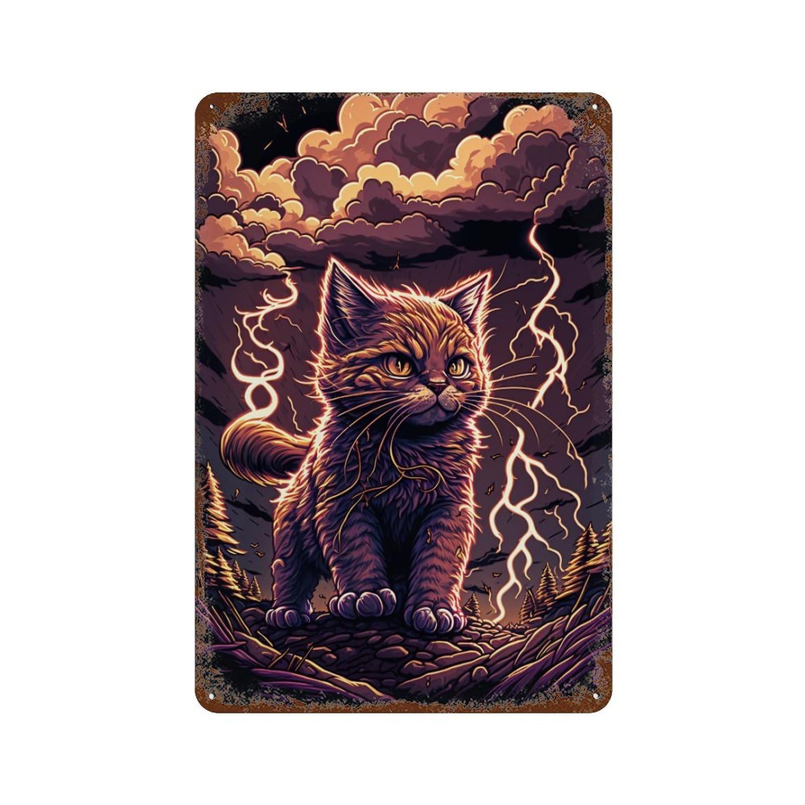 Rust Effect Thundering Cat Adventure Distressed Metal Wall Sign 11.8"x7.9", Shabby Chic Decor for Pub, Kitchen And Man Cave Decor