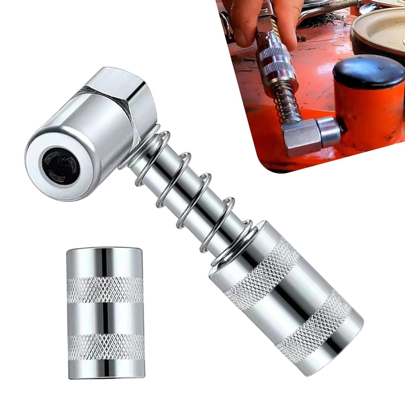 90 Degree Grease Coupler Adapter, Sturdy Steel Grease Gun Fittings, Greases Gun Tips with Sleeves, 3 Jaw Angle Swivel Snap Right Fitting Tool, for Auto, Farm, Truck or Industrial Use (2PCS)