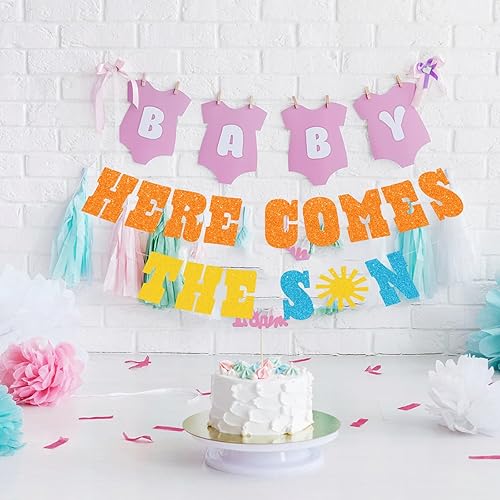 Miniatura 3 de Cartel pre-encordado de Here Comes The Son - NO DIY - Decoraciones de baby shower de sol - Cartel de fiesta de revelación de género con purpurina en