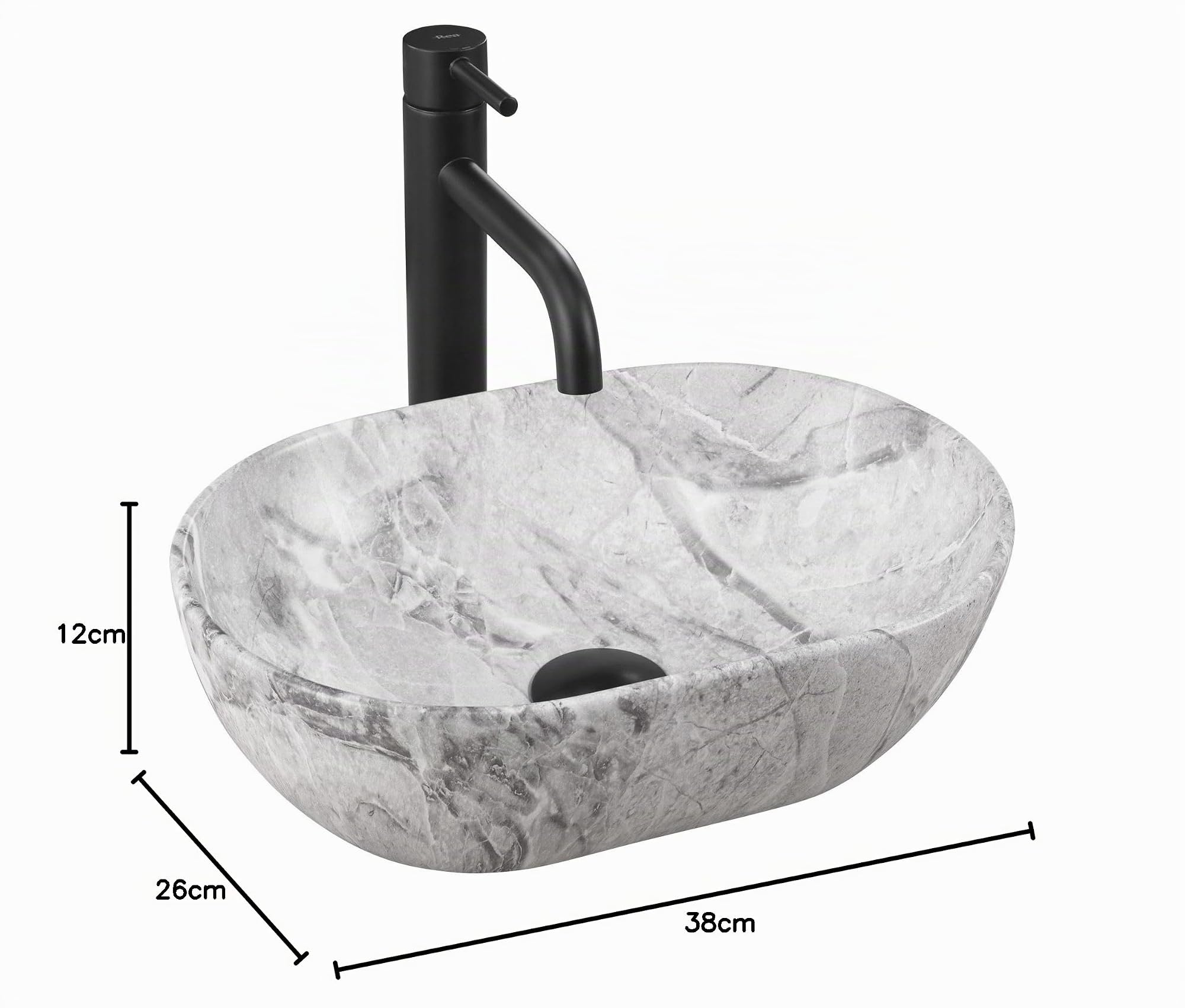 Rea Lavabo de cerámica sobre encimera Amelia Mini Oval Light Grey, Diseño elegante para baños modernos - 38X26X12CM
