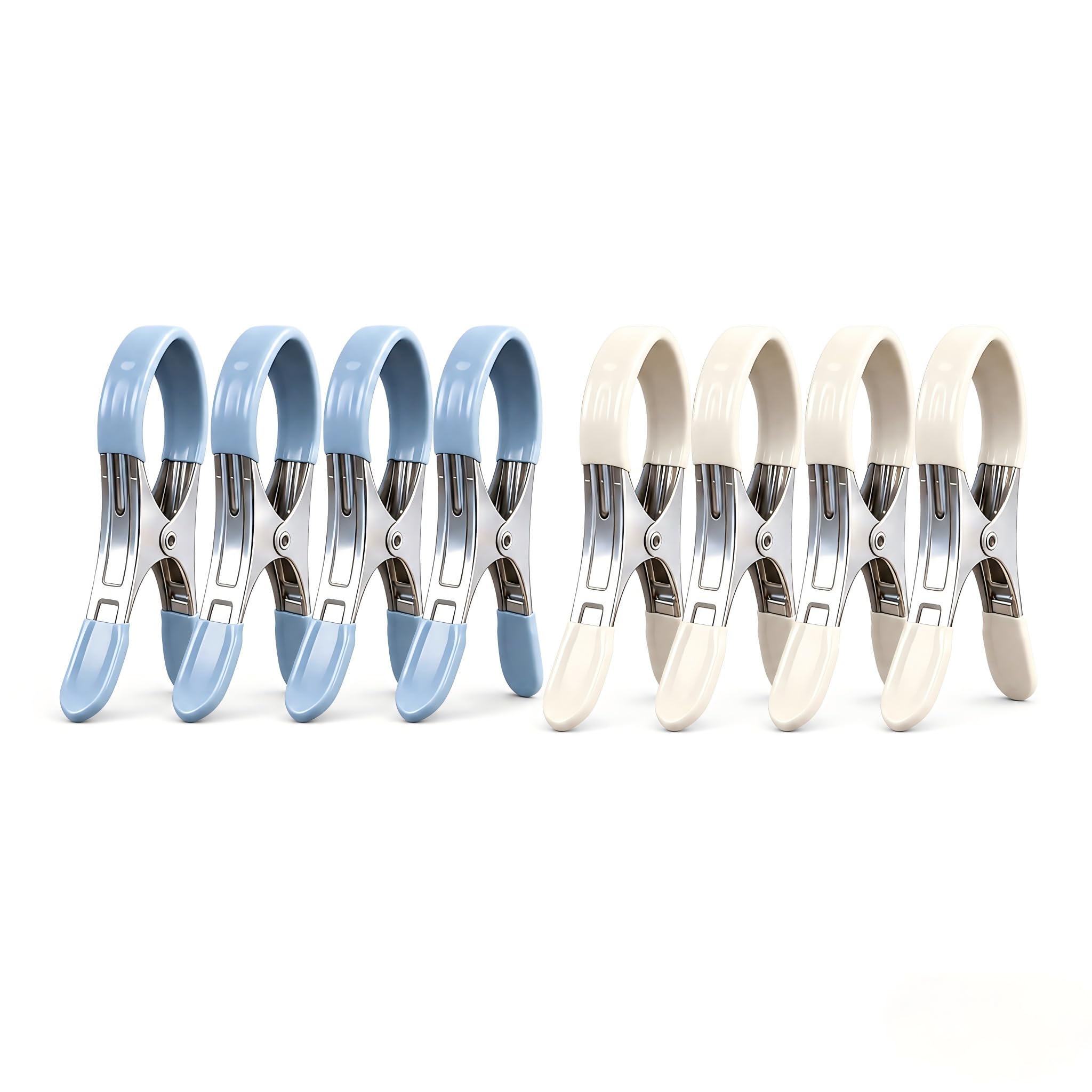 Beach Towel Clips for Sun Loungers,8 Pack Large Stainless Steel Clips with Plastic Protection,Pegs for Pool Chairs Beach Chairs Heavy clothing(White & Blue）