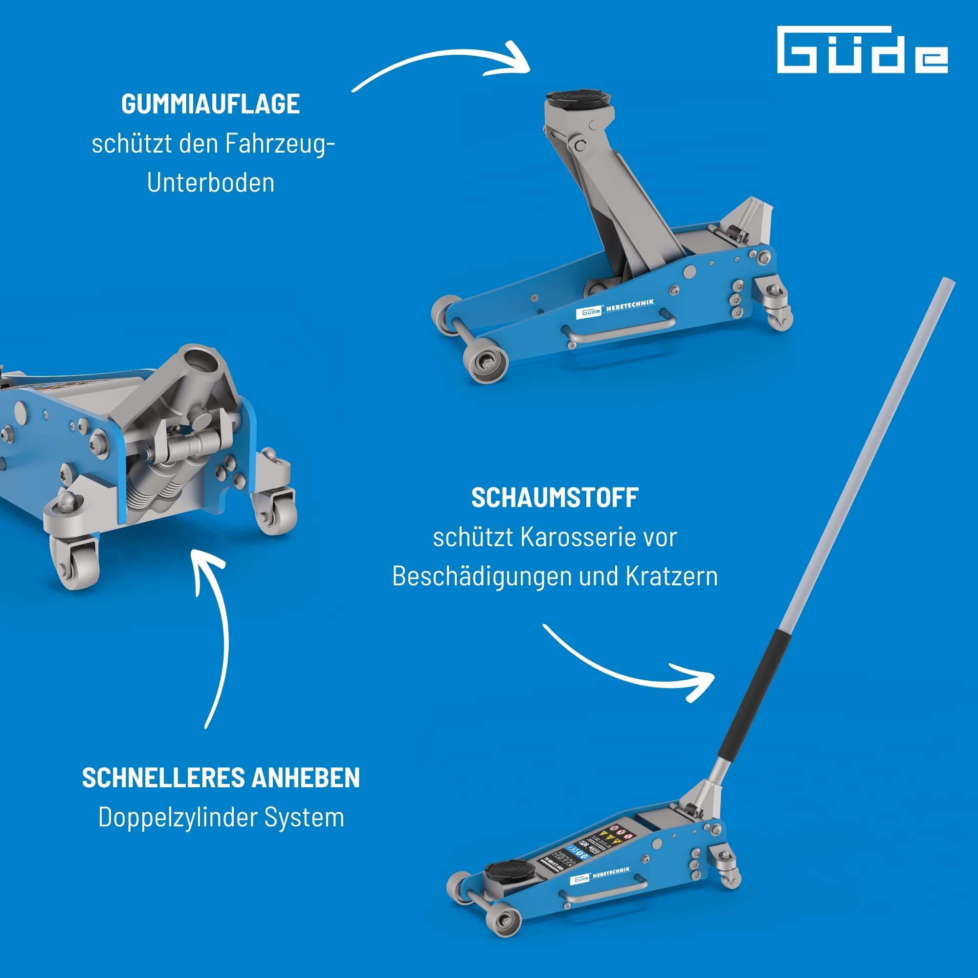 Güde GRH 2,5/460AL Rangierwagenheber 2,5 Tonnen Hubkraft 11 cm Lastteller-Durchmesser 46,5 cm Hubhöhe Doppelzylinder Stahl Aluminium
