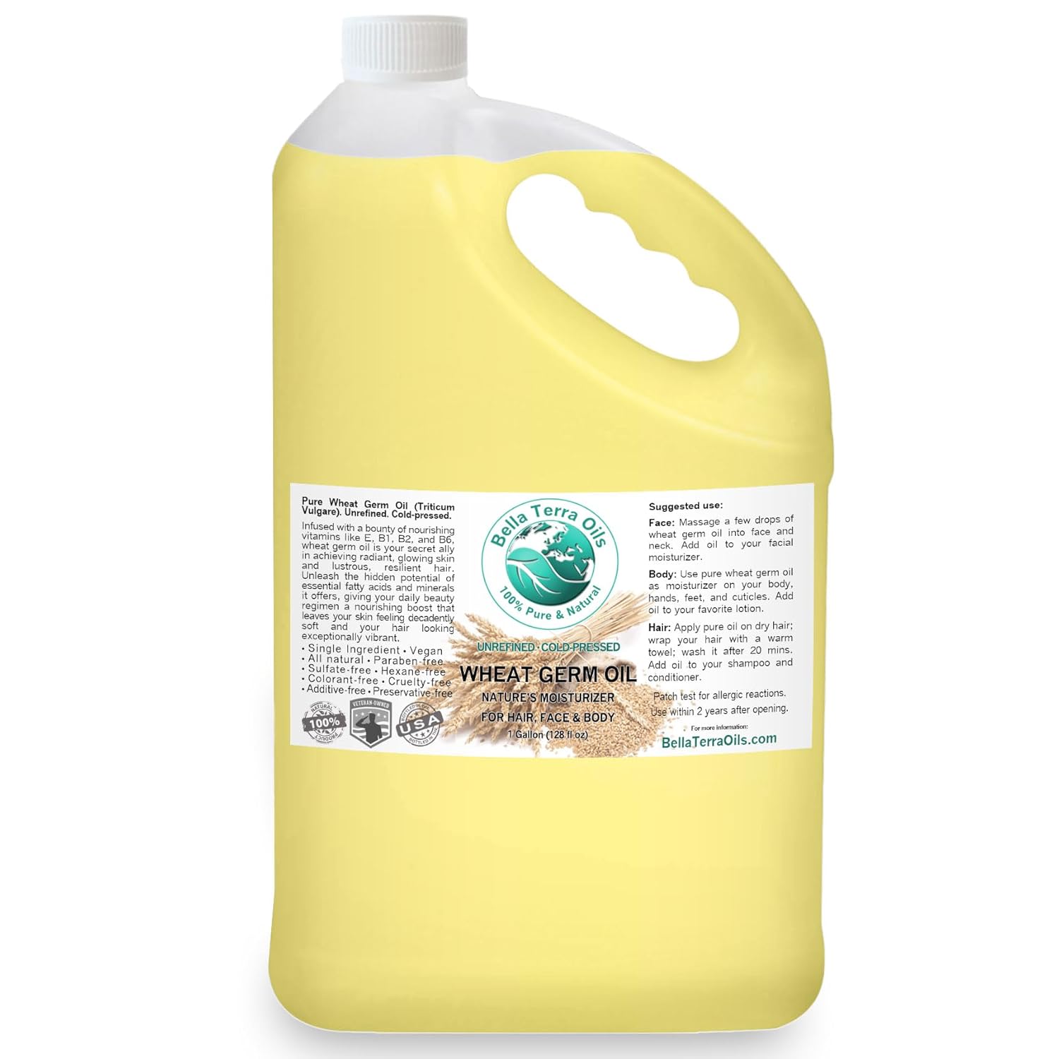Pure Wheat Germ Oil – 1 Gallon, High Vitamin E Content, Rich in Nutrients, Hair Shine Enhancer, Skin Radiance – Bella Terra Oils