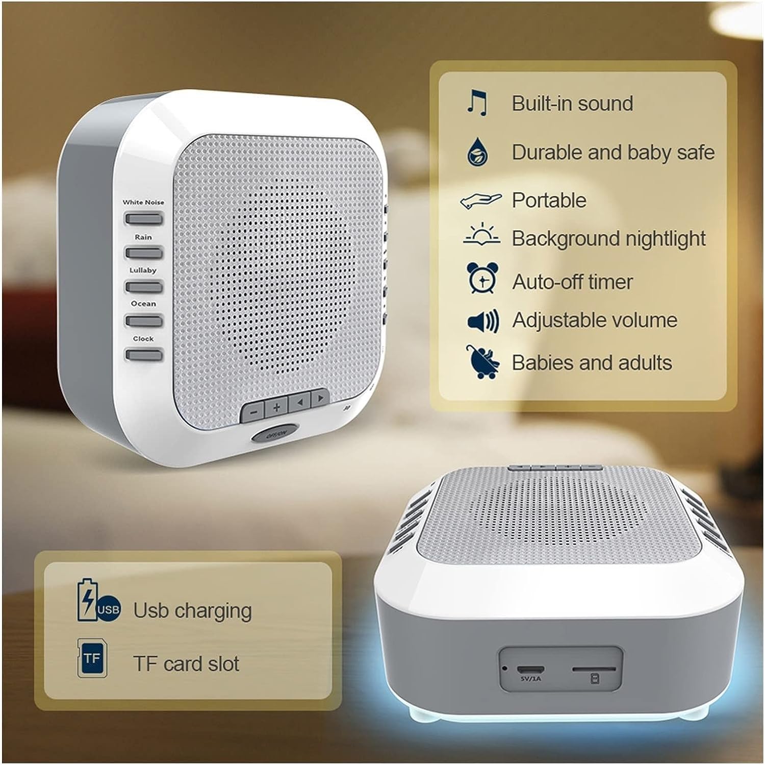 Máquina de sonido con temporizador de apagado automático, máquina de sonido para dormir para niños y bebés, relajación natural, ruido blanco, lluvia, luz nocturna, canción de cuna, tono y volumen