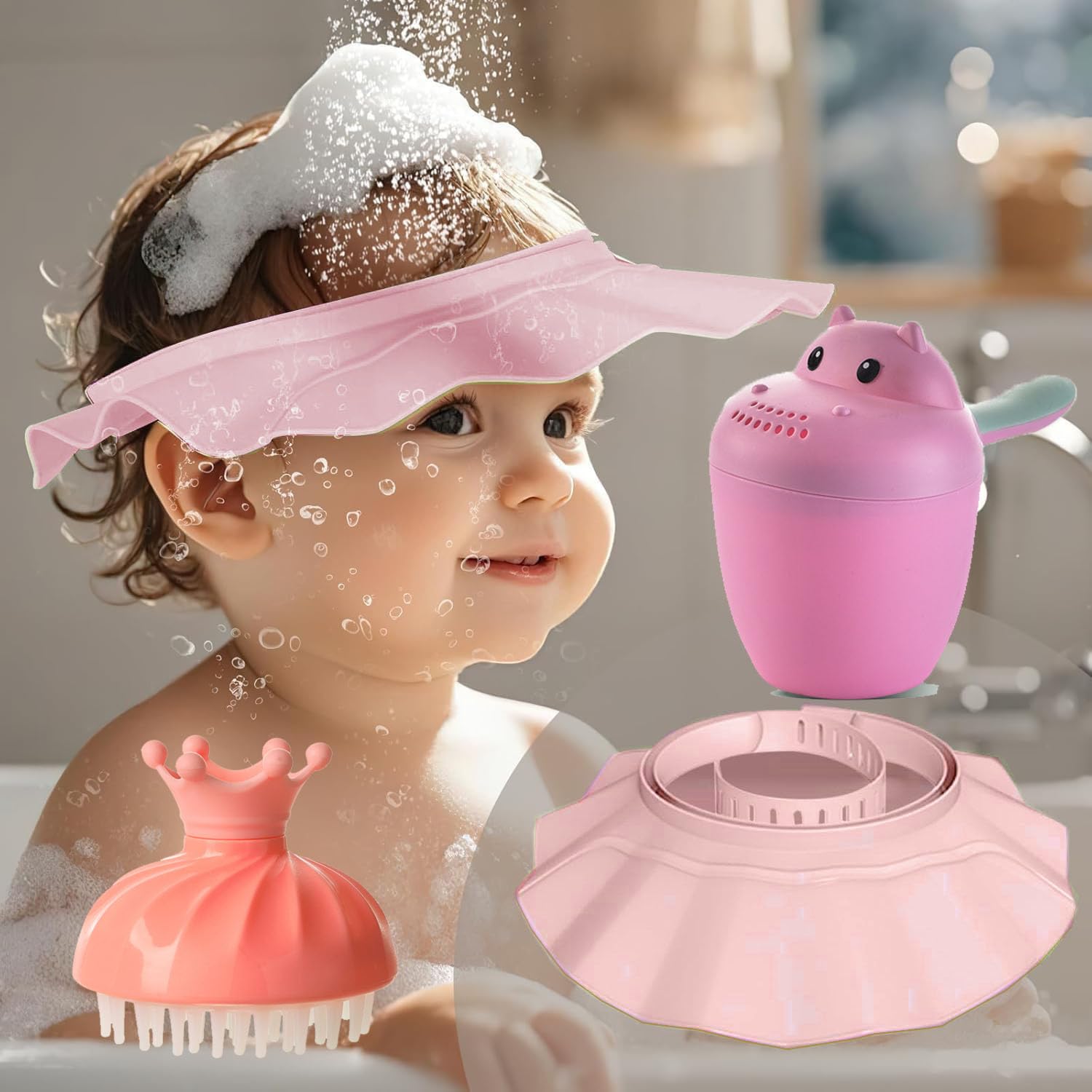 3-teiliges Baby-Badeset, Baby-Duschhaube, Hut, Shampoo-Tasse und Duschschwämme, Haarwäsche, sicheres Shampoo, Dusche, Badeschutz, Kopf, Augen, Ohren, Shampoo-Kappen für Kleinkinder, Babys, Kinder