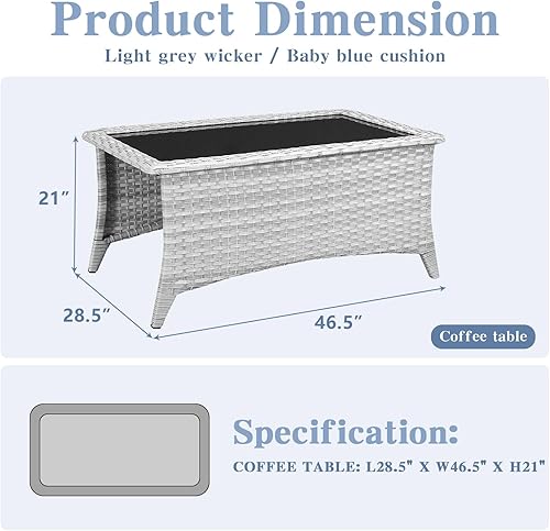 Miniatura 3 de Belord Mesa de centro para exteriores con parte superior de vidrio templado, mesa rectangular de mimbre gris claro, mesa de centro de ratán tejida a