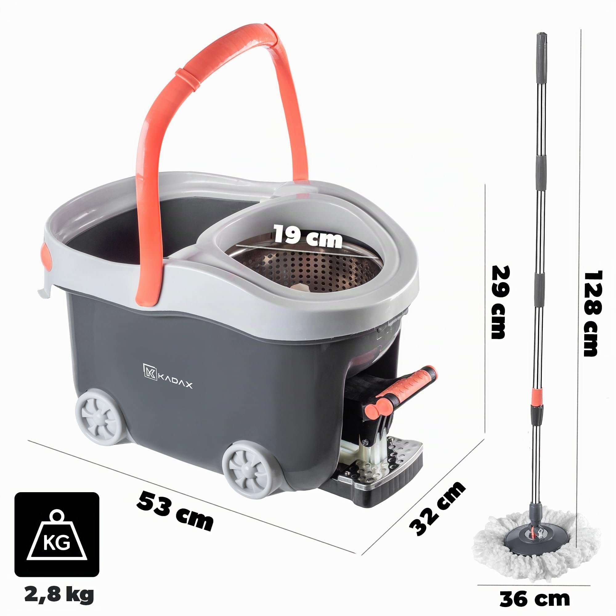 KADAX Set completo di lavapavimenti con manico telescopico e secchio con funzione strizzante e rotelle, mocio con secchiello, tergicristallo per la pulizia dei pavimenti