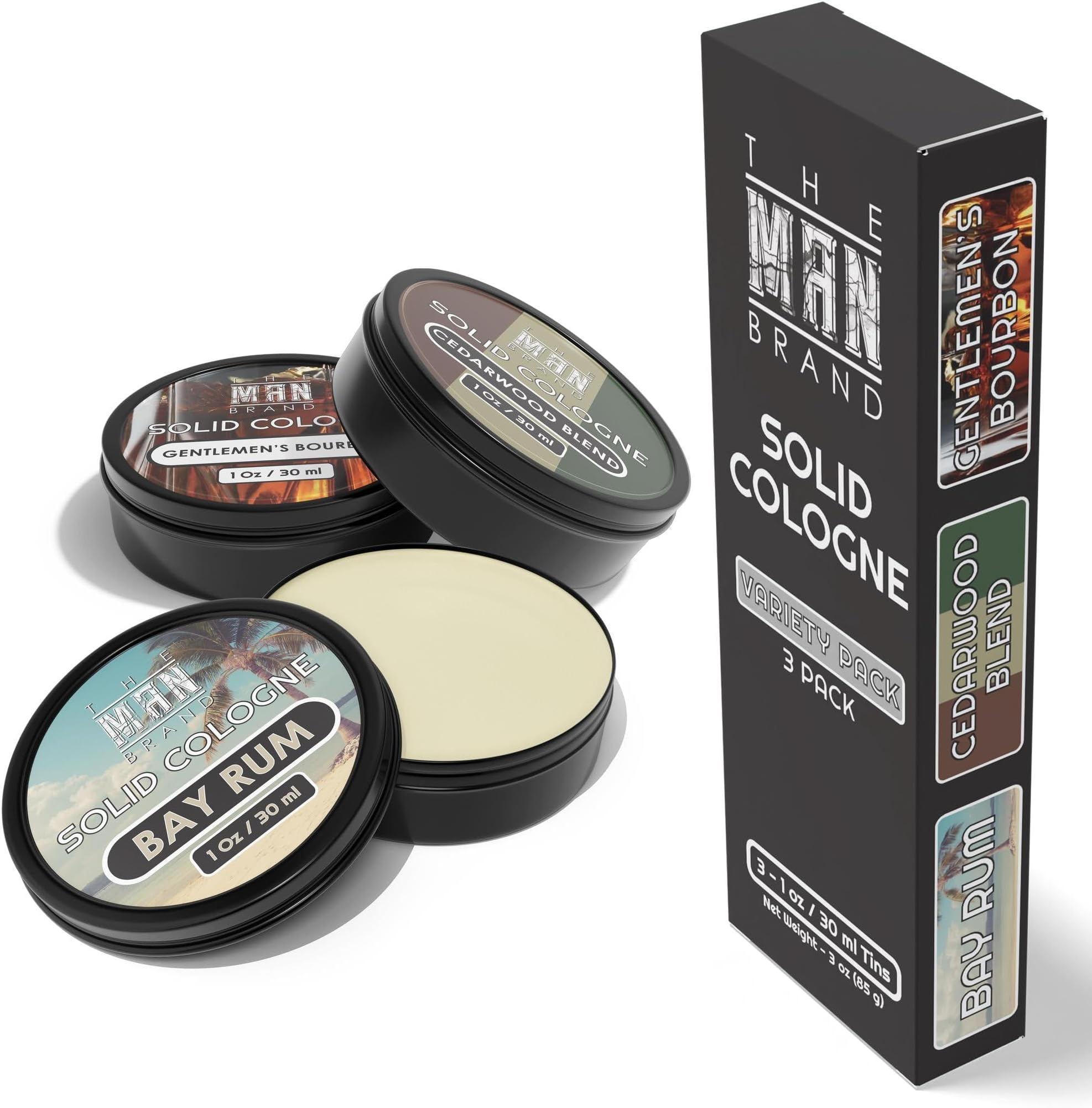 Men's Solid Cologne Sample Set, Wax Cologne with a Bourbon Fragrance, Bay Rum Scent, and Cedarwood Blend Men's Fragrance - Pack of 3-1 Ounce Each