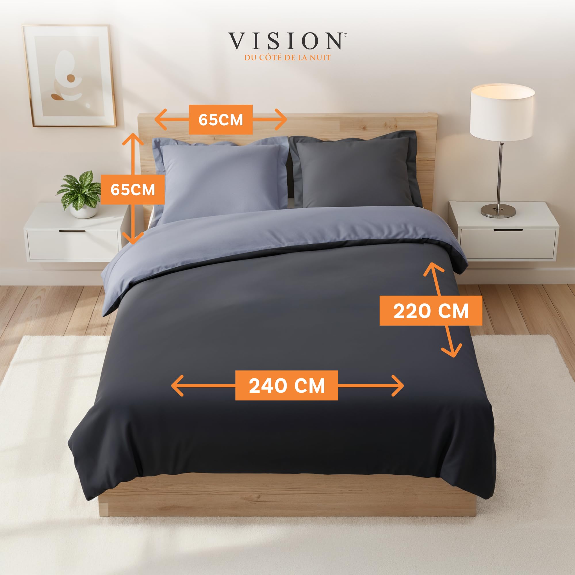 Vision Parure de Lit Réversible 100% Coton Lit Double - Gris Anthracite | 1 Housse de Couette (240x220 cm) + 2 Taies d'oreiller (65x65 cm) | 57 Fils/cm² | Doux et Confortable | Certifié Oeko-Tex