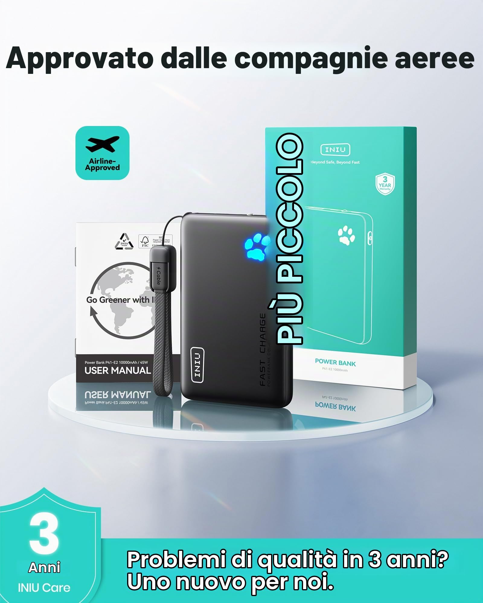 INIU Power Bank, caricabatterie portatile da 45 W PD più leggero 10000 mAh, USB C in&Out ricarica rapida, powerbank per telefono cellulare compatibile con iPhone 16 15 14 13 12 Samsung S22 S21 Google