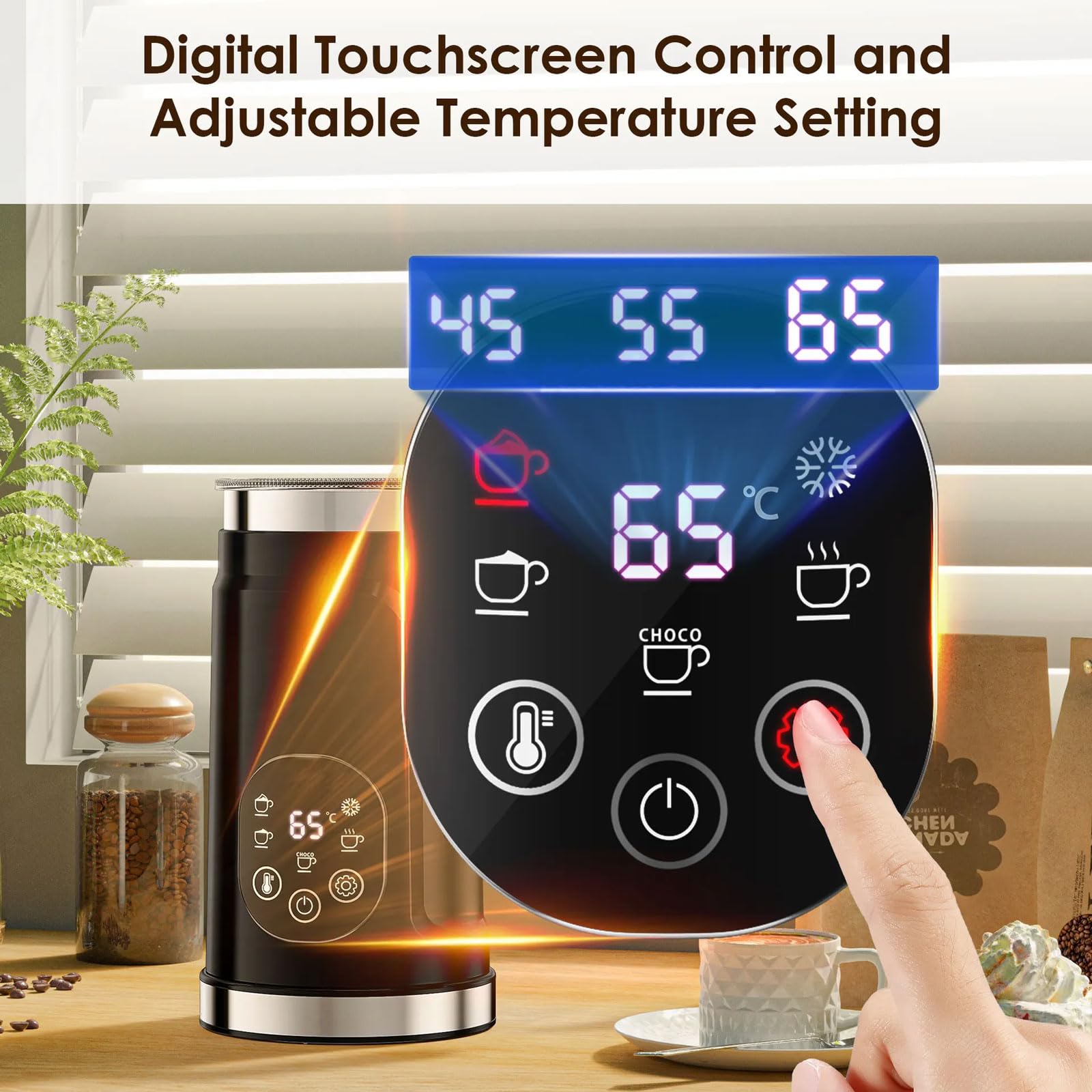 Elektryczny spieniacz do mleka 500 W, podgrzewacz do mleka i parownik, 300 ml, inteligentny ekran dotykowy LCD, 5 funkcji, łatwy do czyszczenia, do kawy, latte, cappuccino, czekolady