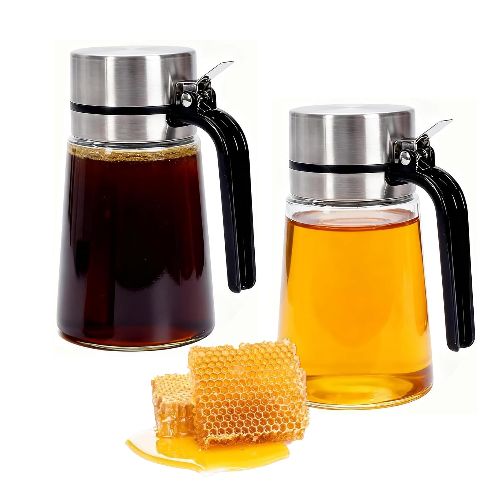 Honigspender 14 oz / 400 ml Glas, 2er Pack Syrup Dispenser, No-Drip Honigglas für Küche, Kaffee Bar und Teestation, Küchenzubehör für Honig, Zucker, Sirup