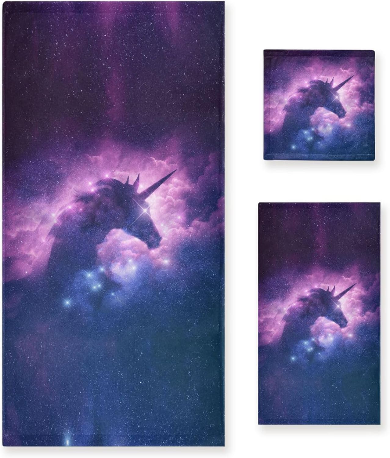 Set of 3 Highly Soft Absorbent Cotton Towels (1 Bath Towel, 1 Hand Towel, 1 Face Washcloth) for Hotel Kitchen Print Unicorn Silhouette in a Purple Galaxy Nebula Cloud