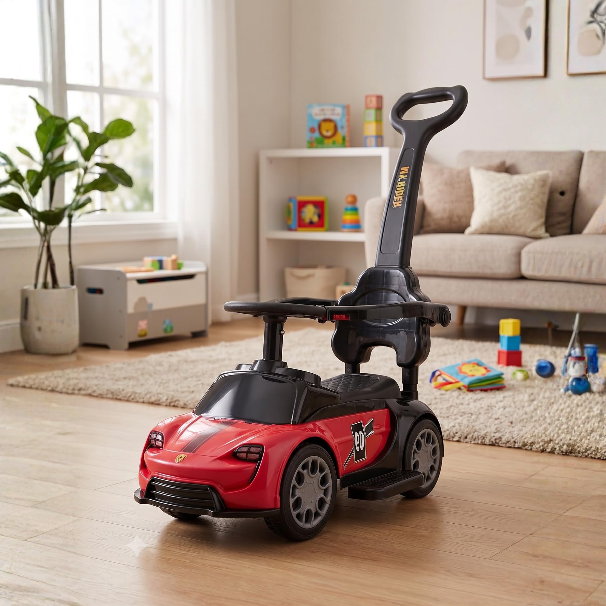 Ferrari-Inspired Ride On Car for Kids | Push Ride On with Removable Parental Handle, Safety Guard, Backrest, Footrest, LED Lights, Music & Storage | Luxury Sports Ride-On Car for Kids (Red)-image-27
