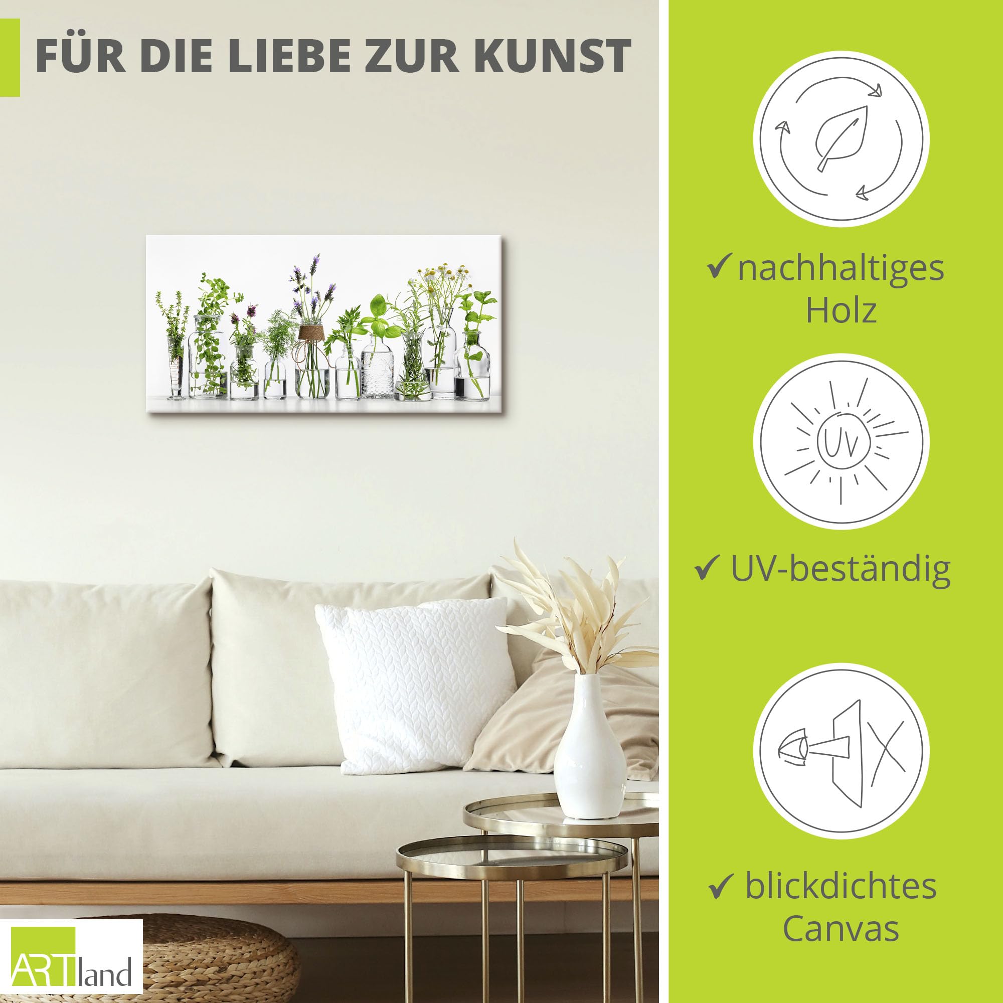ARTLAND Wanddeko Leinwand Bilder Wandbild 100x50 cm Querformat Modern Küchenbilder Pflanzen Kräuter Blumen Gewürze Grün H9KE