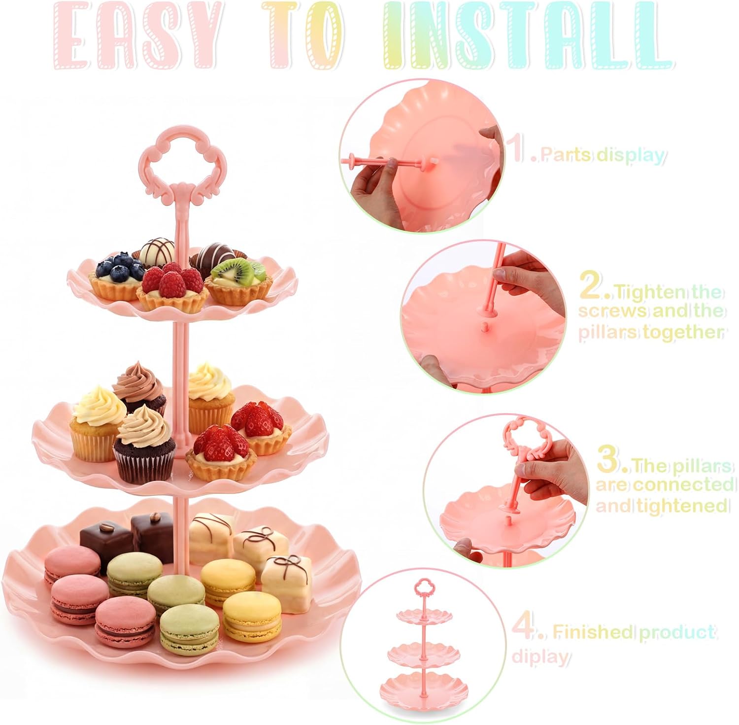 Yaomiao 6 Set 3 Tier Plastic Cupcake Stand Macaron Color Dessert Cup Cake Holder Tower Reusable Tiered Serving Tray Cakes Fruit Candy Display Tower for Wedding Birthday Tea Party Baby Shower(Round)