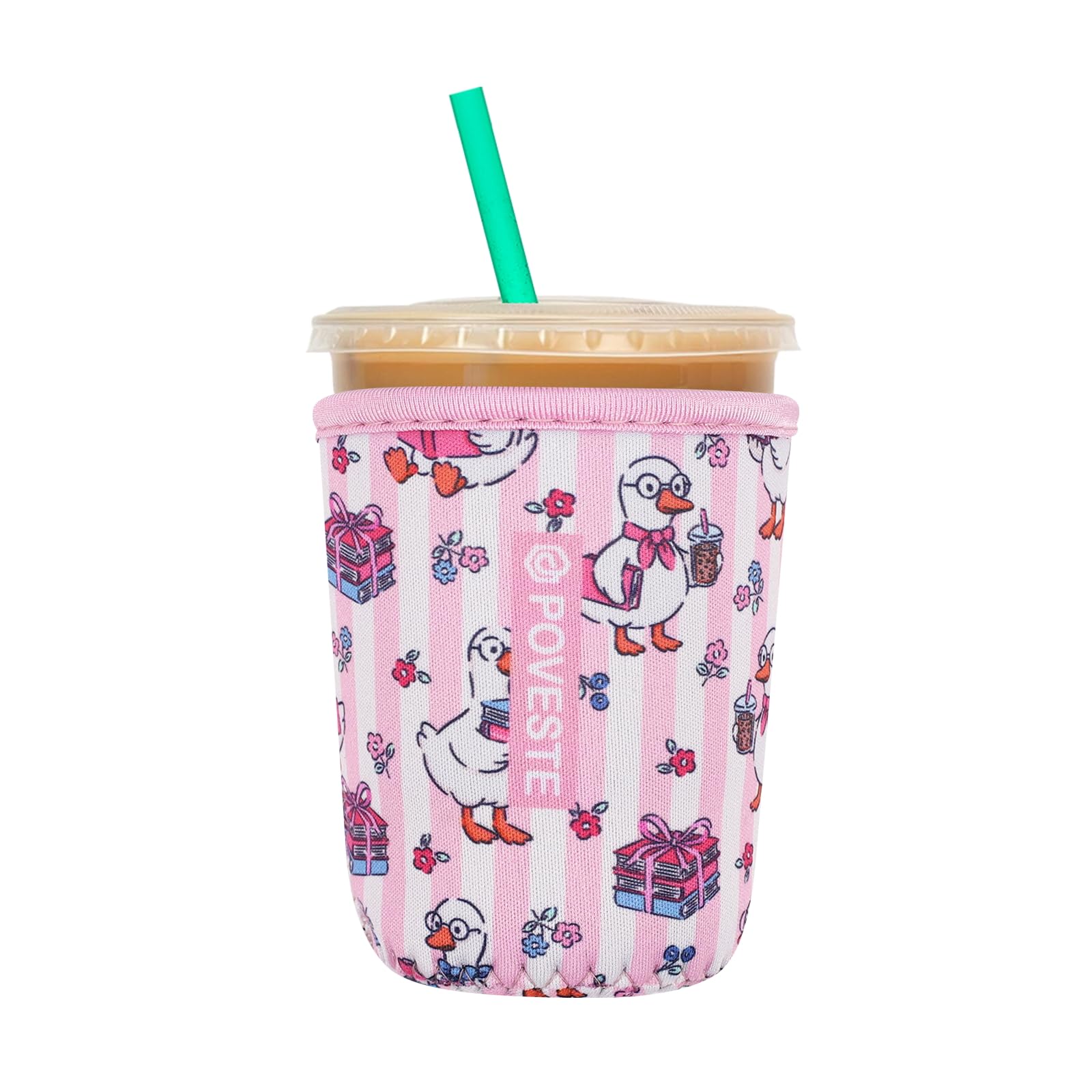 Reusable Neoprene Insulator Sleeve for Iced Coffee &amp; Cold Soda, Coffee Sleeves for Iced &amp; Hot Drinks, Cold Beverage Cooler Compatible with Starbucks, Dunkin (Reading Goose, Small: 16-18oz)