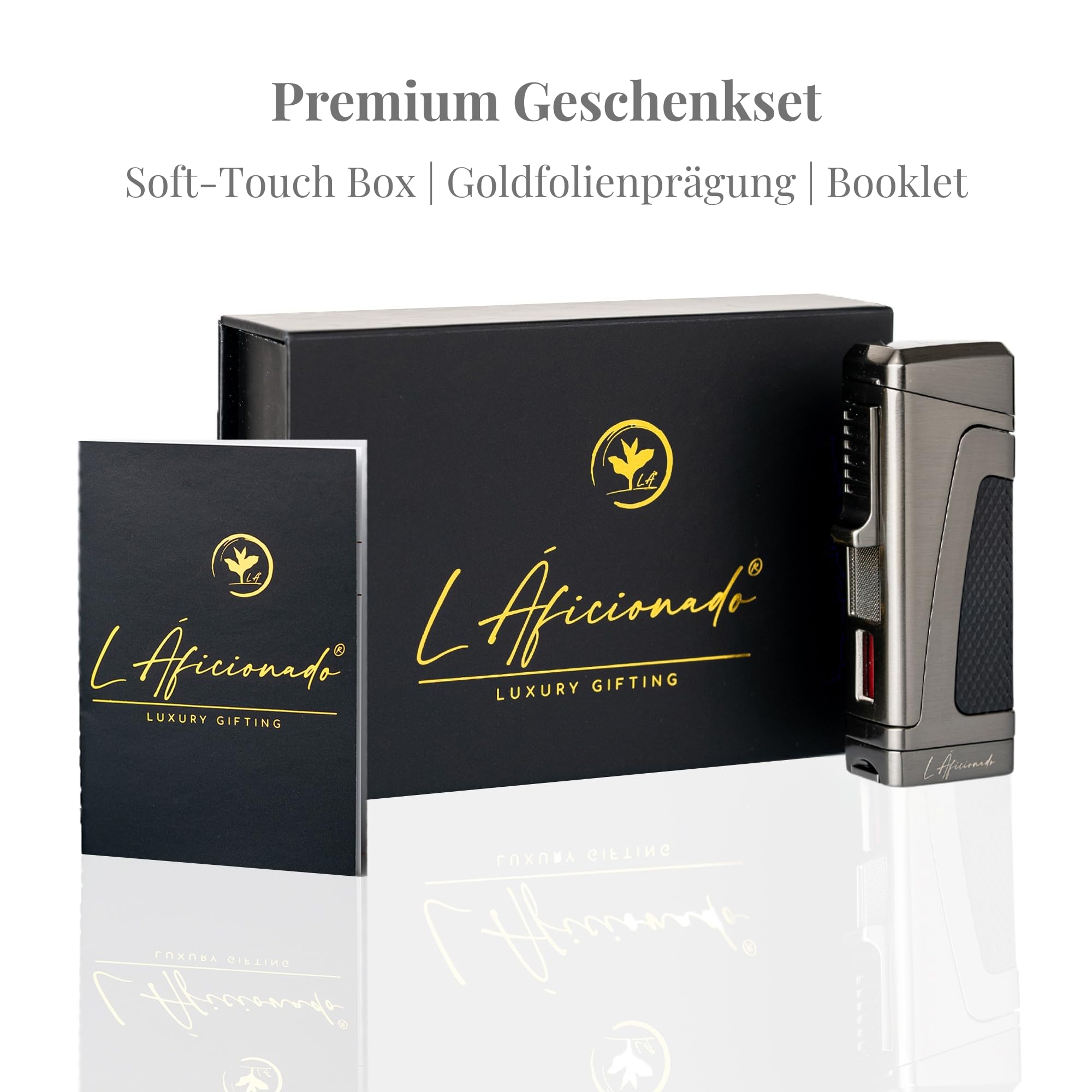 Trinitá by L Áficionado® Luxus Jetflame Feuerzeug | Feuerzeug Geschenk für Männer | Sturmfeuerzeug Nachfüllbar | Edles Geschenkbox | Lebenslanger Support | Satin Schwarz