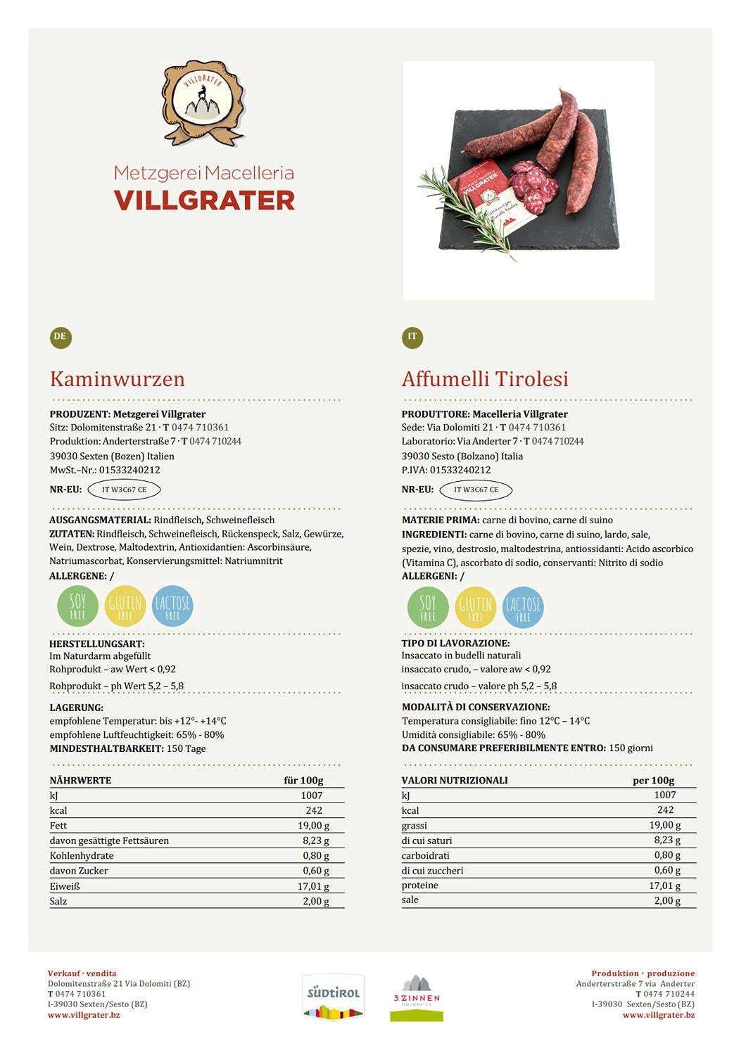 Salsicce affumicate Villgrater conf. ca. 680 gr.