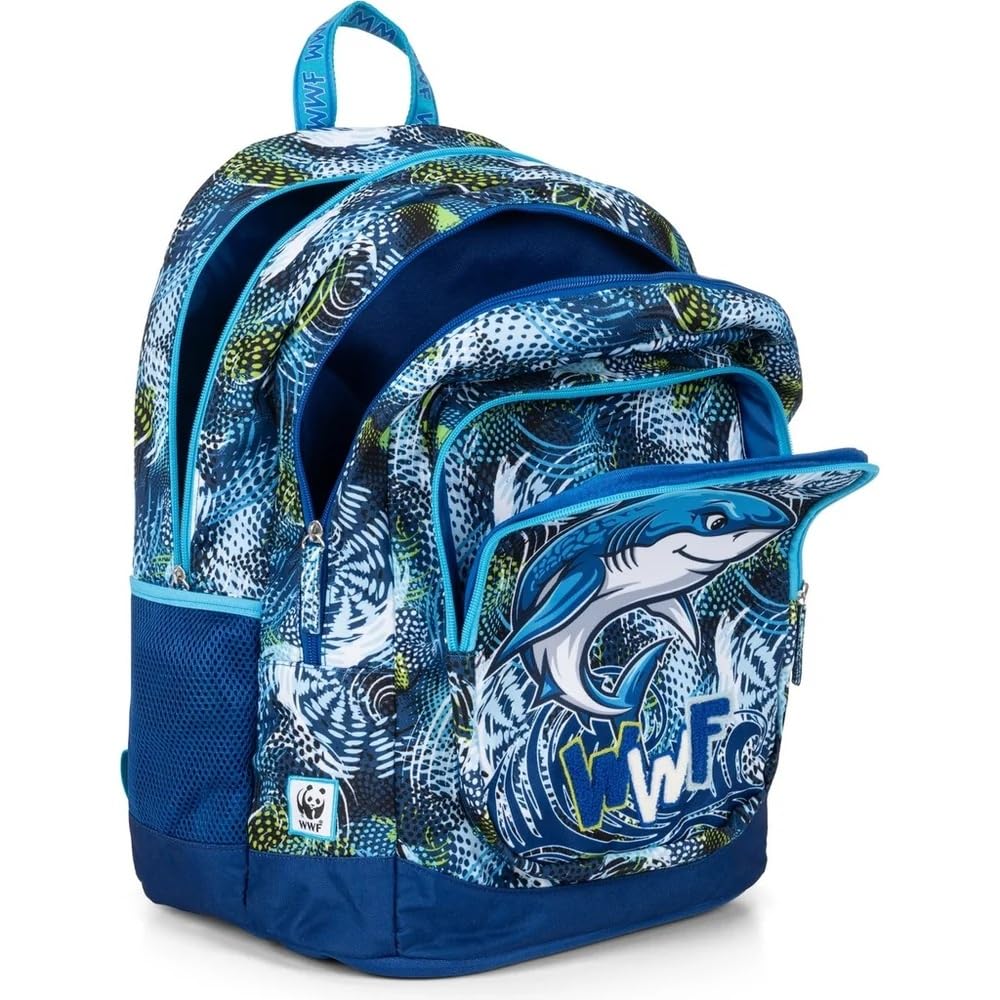 PRESTIGE & DELUXE Mochila escolar WWF versión Shark tiburón azul redondo 3 compartimentos cremallera para niños primaria secundaria + Estuche de 3 pisos completo de papelería + kit bolígrafos y