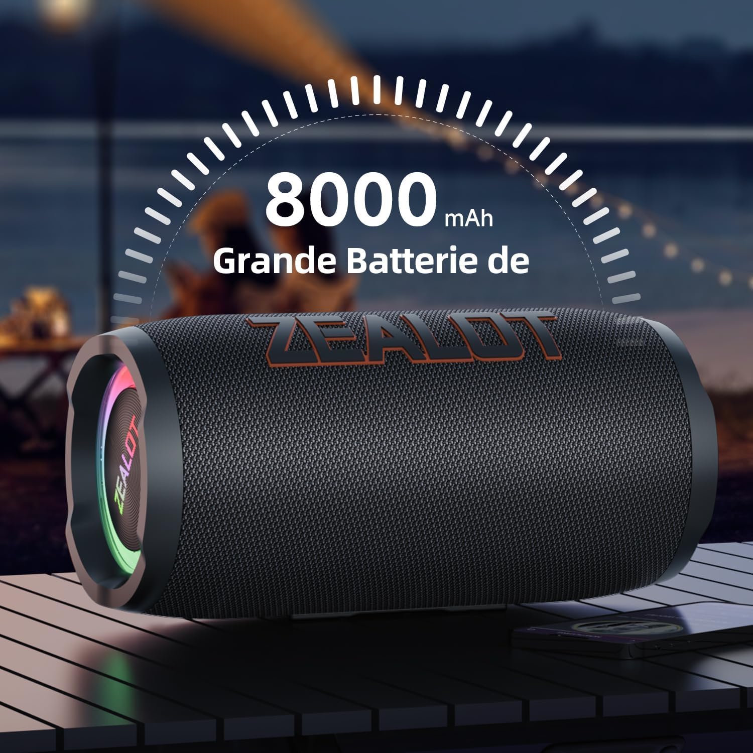 ZEALOT Enceinte Bluetooth Portable avec lumière LED, Enceinte d'extérieur sans Fil, Son Puissant de 50W, Autonomie 30 hrs, Port AUX, USB, Carte TF, Étanchéité IPX6 pour Fêtes Voyage Extérieur