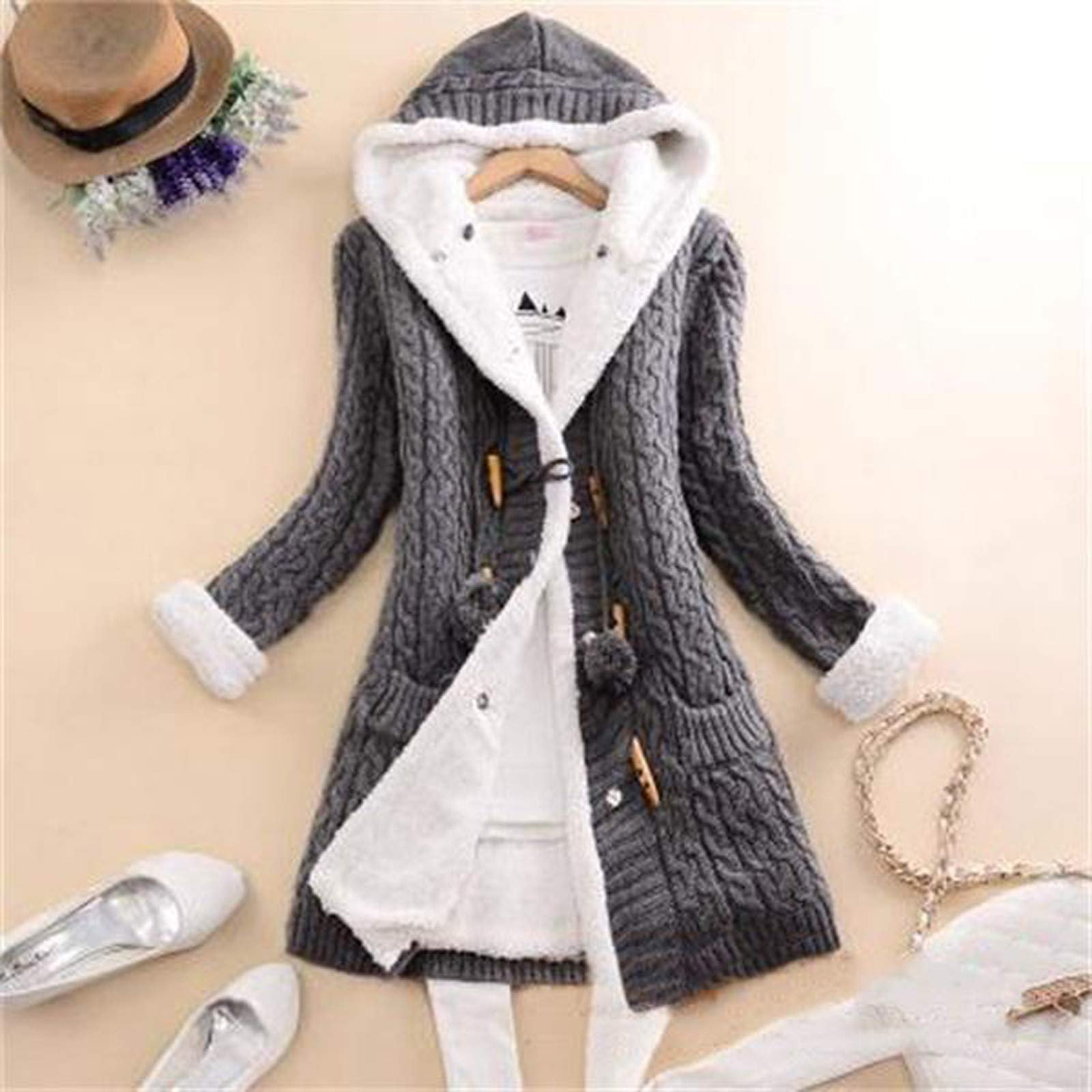 Elegante chaqueta de punto para mujer, de invierno, de punto largo, grueso, con capucha, cuello abierto