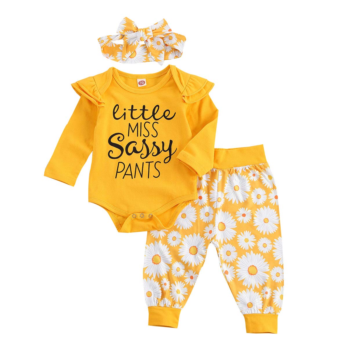 Baby Girls Outfits Letter Long Sleeve Bodysuit Romper Tops Floral Pants Fall Winter Clothes (Yellow Daisy Pants, 0-3 Months)