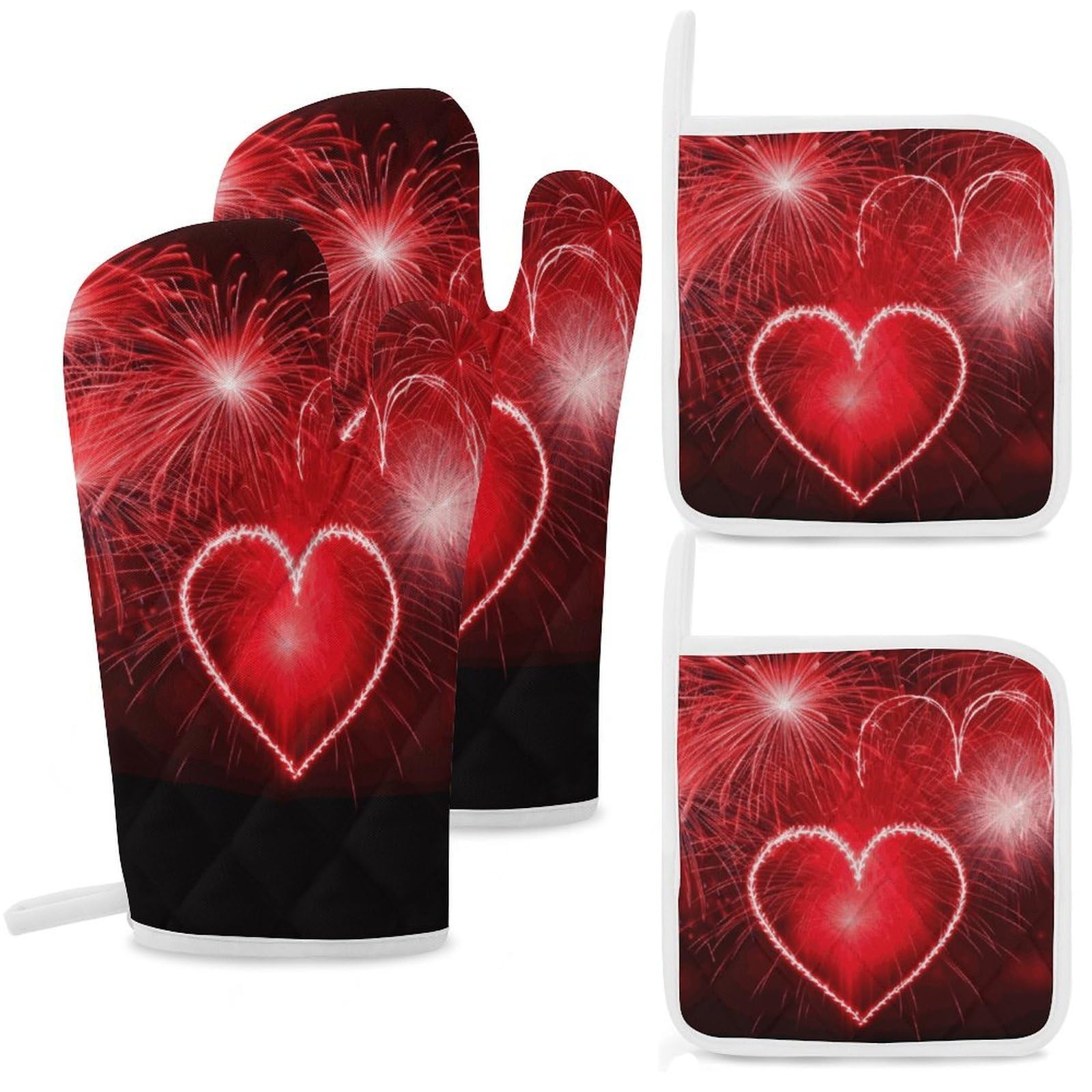 Red Hearts Fireworks Oven Mitts and Pot Holders Sets Heat Resistant Oven Glove with Hanging Loop for Baking Cooking BBQ Thicken Potholders for Kitchen