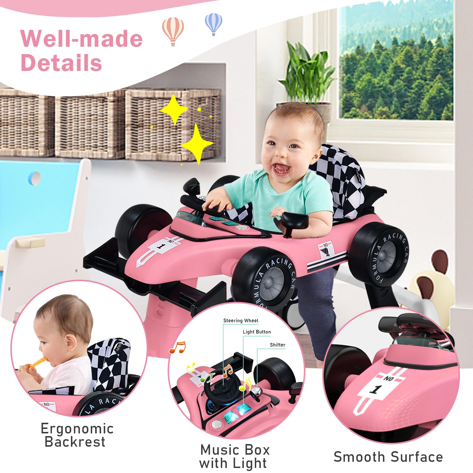 FANTASK 4 w 1 chodzik z regulowaną wysokością i prędkością, Baby Walker z pozytywką, światłem i kółkami, bez chodzenia dla dzieci od 6 miesięcy, obciążenie 12 kg (różowe)