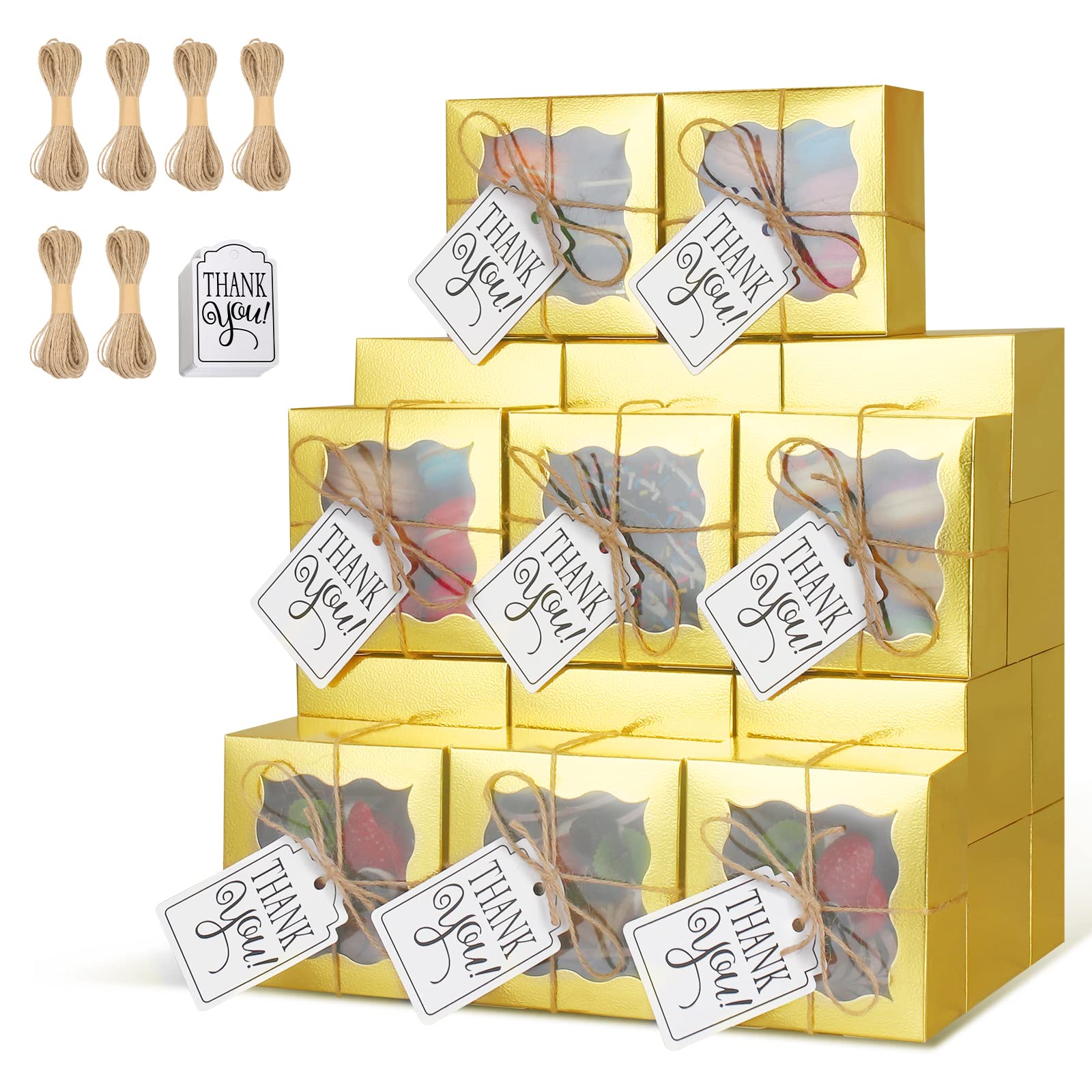 KPOSIYA60 Pcs Gold Bakery Boxes with Window Individual Cupcake Boxes 4x4x2.5 Inches Cookie Boxes Kraft Paper Gold Gift Box for Pastries, Cookies, Pie, Donuts, Macaroon