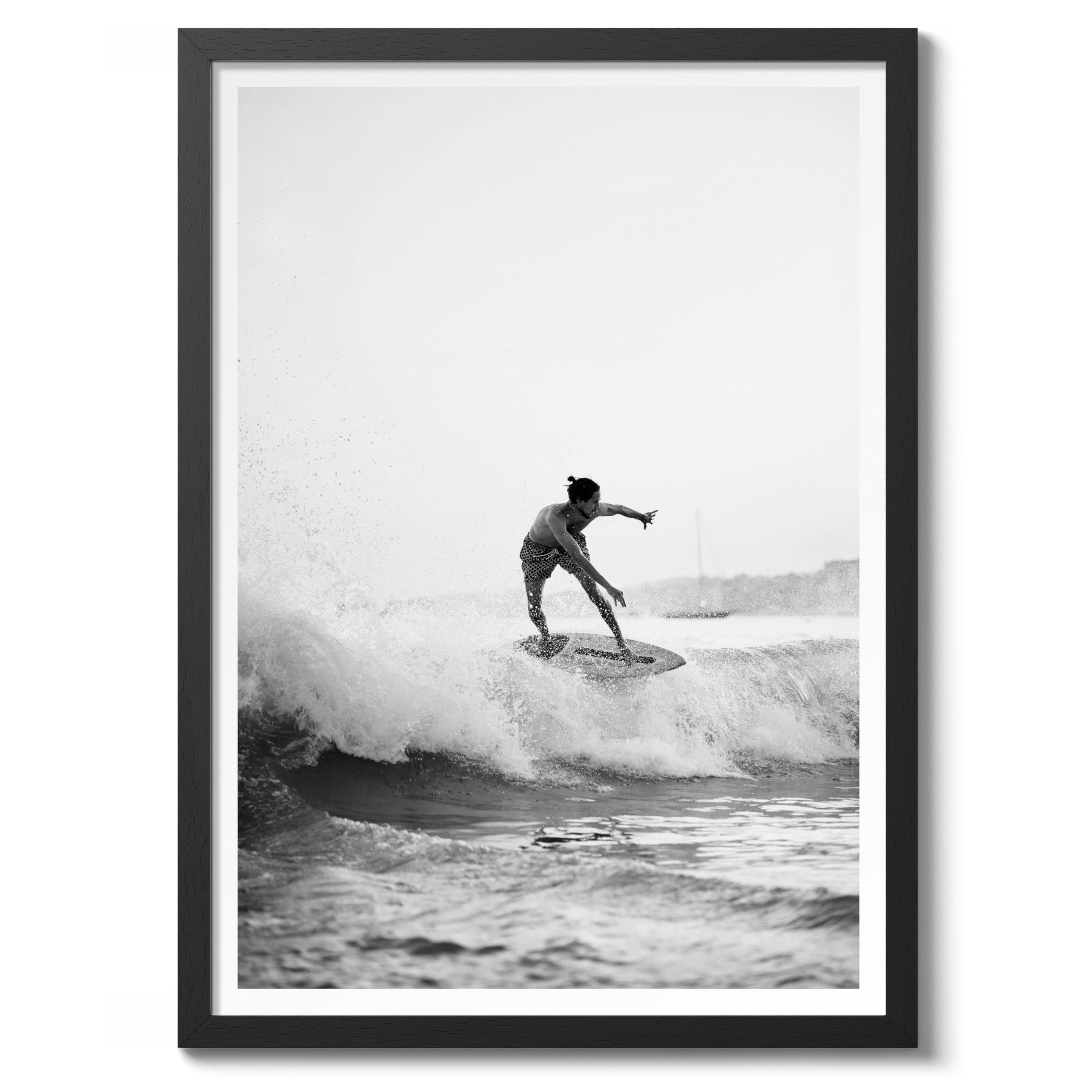 Surfing Poster Black & White Vintage Photography Print Minimalist Modern Interior Decoration, Archival Matte, 50x70cm (Black Frame) - 50x70cm