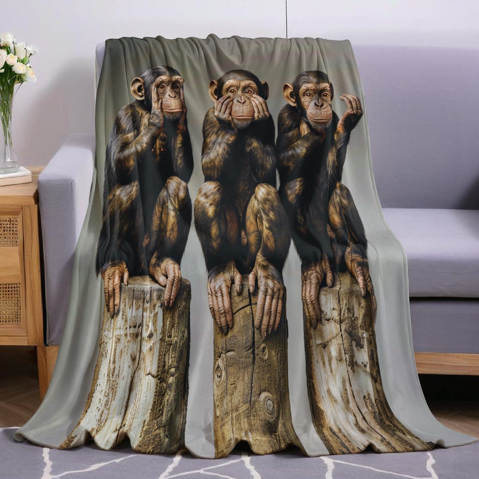 Black Super Soft Warm Blanket Three monkeys 130 x 170 cm Throw Lightweight Cozy Flannel Print for Bed Couch Sofa Office Decor Girls Boys Adults