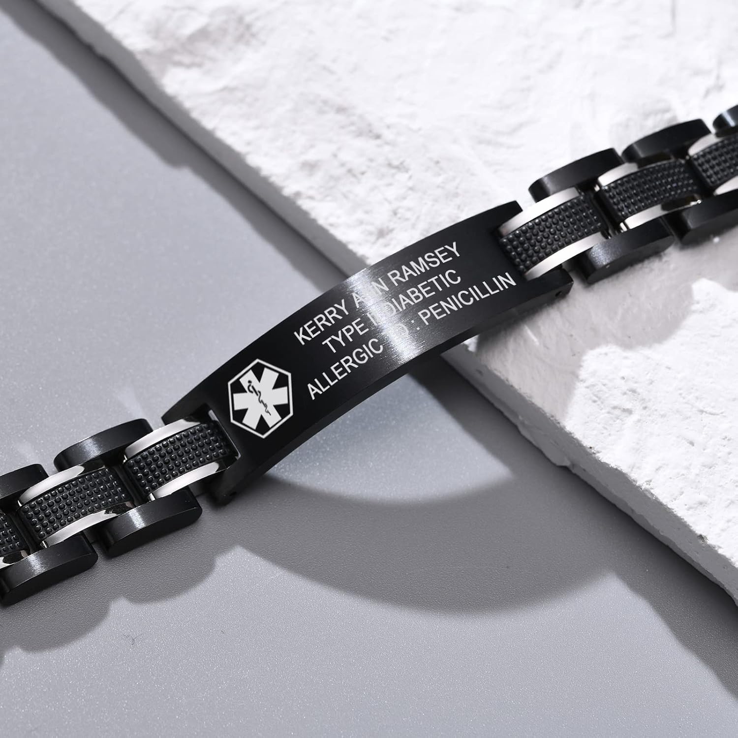 MEALGUET Free Custom Engraving Medical ID Bracelet 2-Tone Blue Black Titanium Steel Chunky Men's Medical Alert Bracelet Wristband for Dad Husband Grandpa Personalized & Waterproof