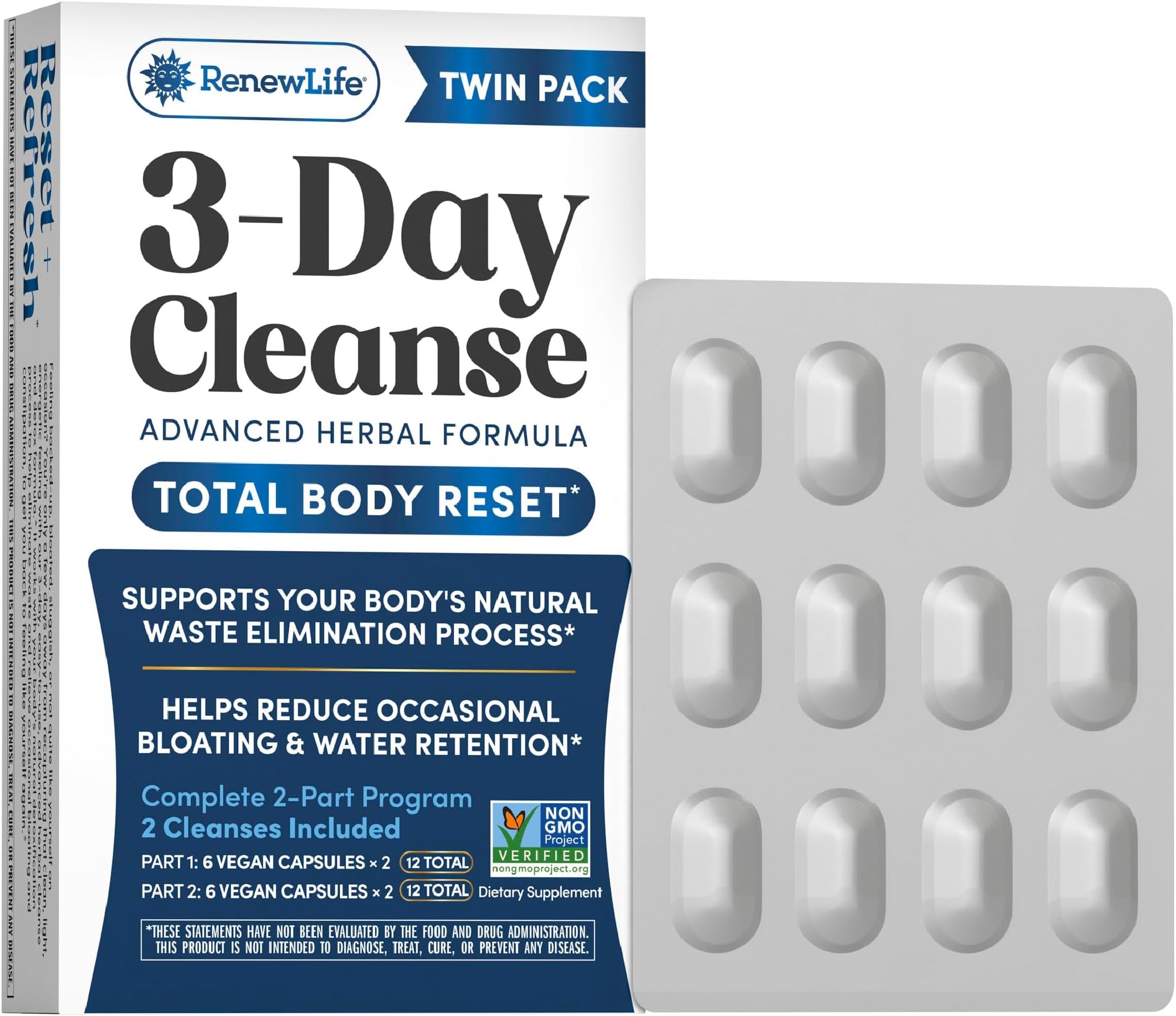 Renew Life 3 Day Cleanse Twin Pack | Advanced Herbal Formula | Helps Reduce Occasional Bloating and Water Retention | 2 Pack (12 Capsules Each, 24 Total) | Dairy, Soy and Gluten Free