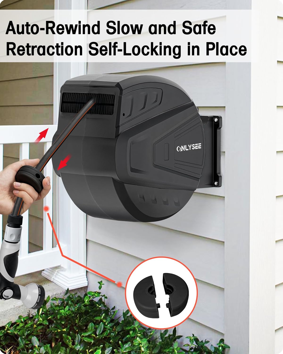 Retractable Garden Hose Reel, 1/2" x 100ft, Wall Mounted, Auto Rewind, Black, Multi-Function Spray Nozzle