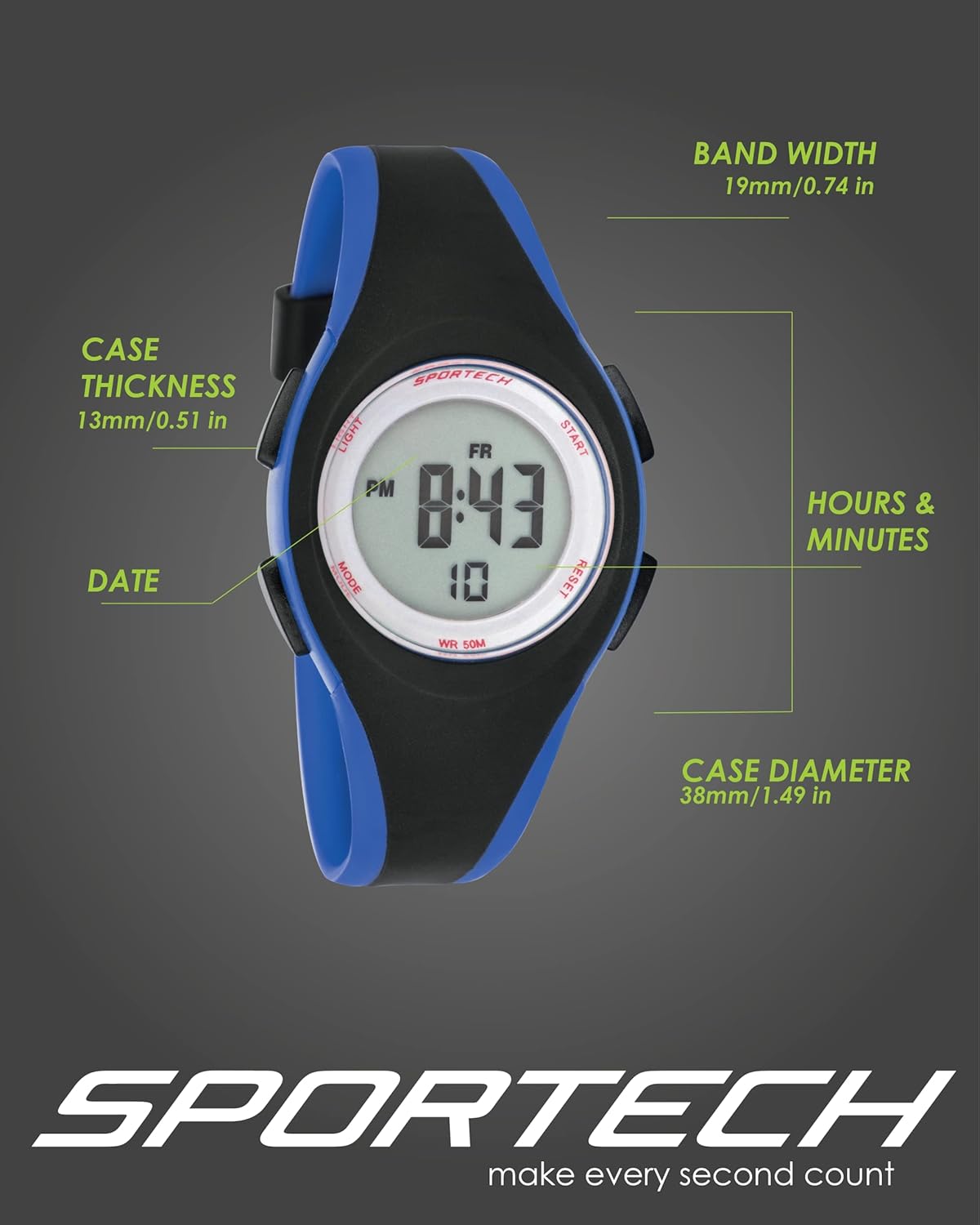 Sportech Digital Watch SP147 with dimensions labeled: Case Thickness, Band Width, Case Diameter