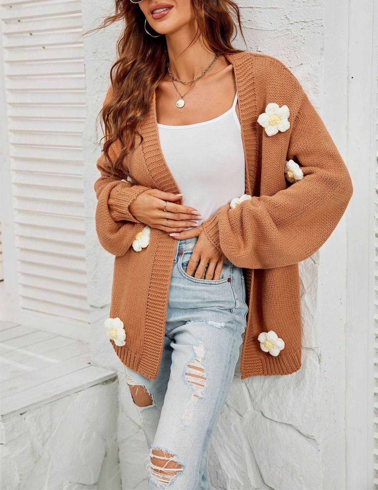 Cardigan Mujer, Cárdigan De Punto para Mujer, Abrigo Tipo Suéter Abierto De Manga Larga, Color Negro, con Flores Tridimensionales De Crochet, Chaqueta De Punto con Cable, Ropa De Transic