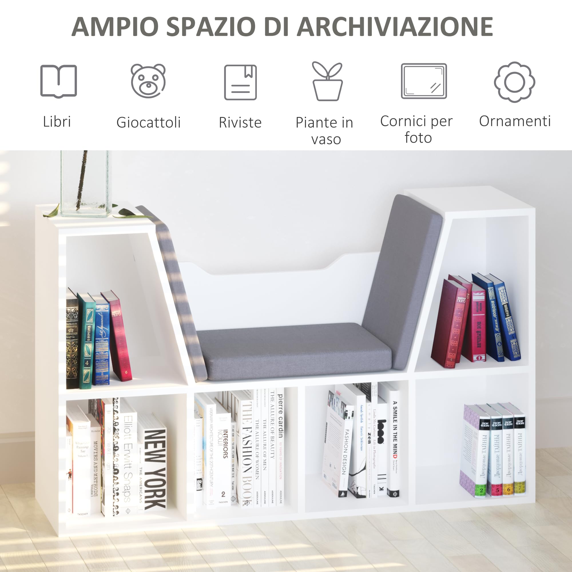 HOMCOM Libreria Scaffale 2 in 1, Cuscini Morbidi, 102x30x61 cm, Bianco