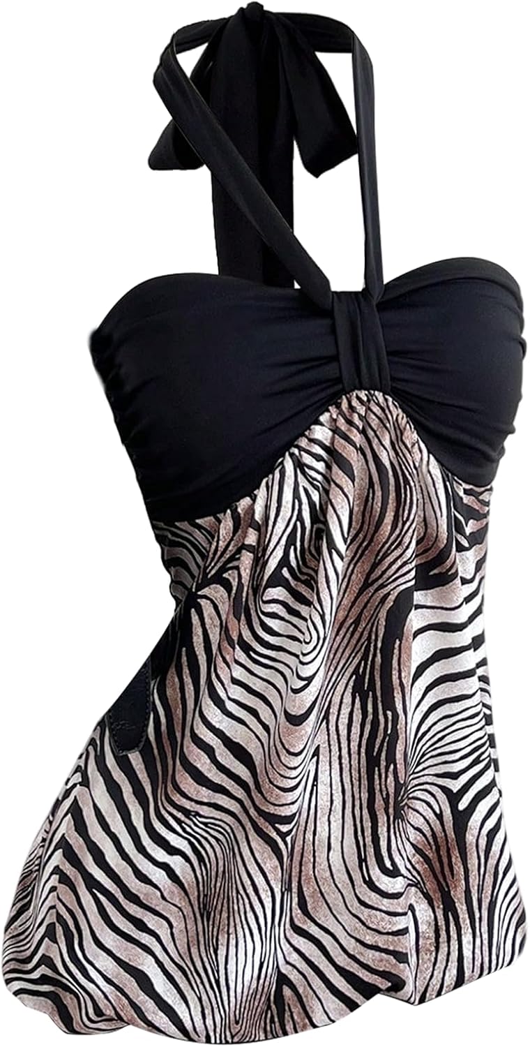 Floerns Women's Y2k Zebra Striped Halter Mini Dress Sleeveless Club Going Out Dresses