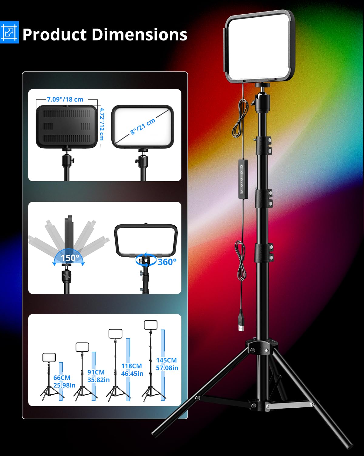 UBeesize 2-Pack RGB Photography Lighting, Studio Lights with Adjustable Tripod Stand and Ball Head, Video Light for Video Recording, Live Streaming, Makeup: RGB(Filter-free)