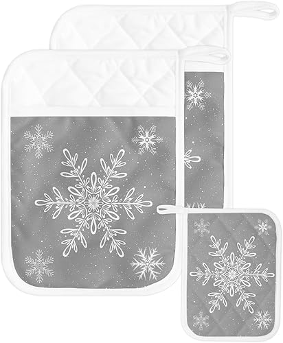 Christmas Snowflake 2Pcs Pot Holders for Kitchen, Non Slip & Heat Insulation Terry Cloth Potholder Set with Pocket, Thick Hot Pad Oven Mitts Trivet