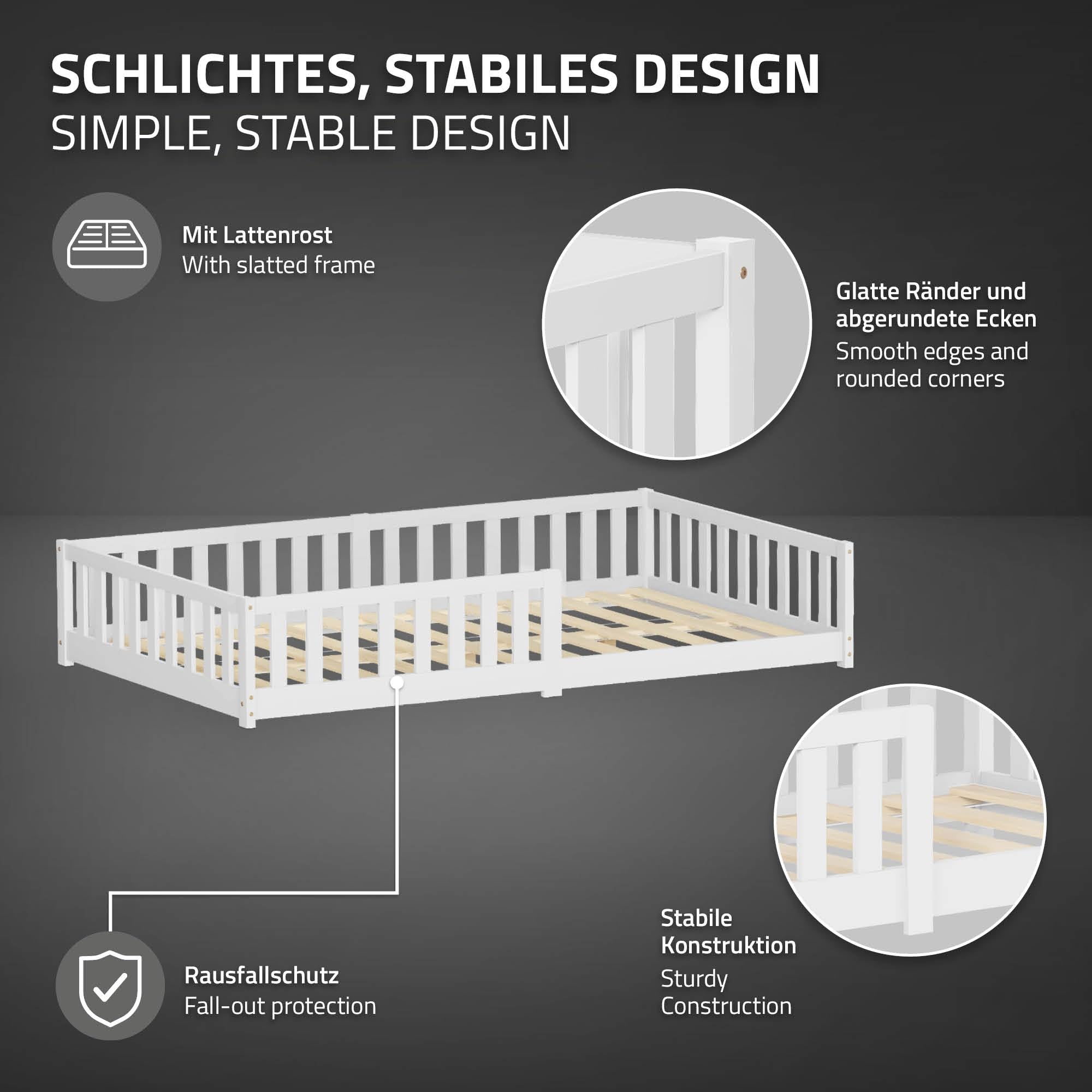 ML-Design Cama de Suelo Infantil 120x200cm con Colchón 16cm Blanca Madera Maciza de Pino Somier de Láminas y Protección Anticaída Cuna Doble para Niños y Bebés Mobiliario para Habitación Juvenil