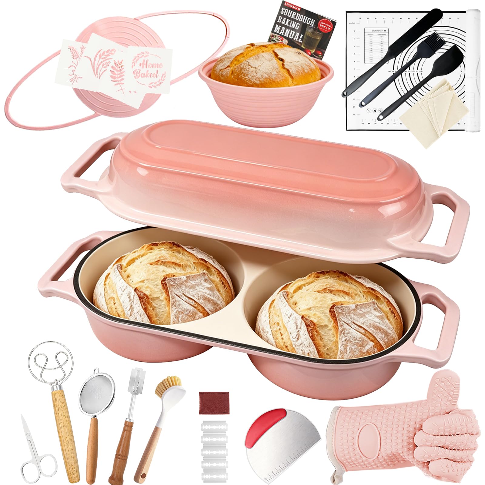LINMAGCO Cast Iron Bread Pan with Lid, Enamelled Cast Iron Double-Rounded Baking Dutch Oven with Lid 16.5cm Diameter Single 2.1L, 500°F Oven Safe Oven Safe Non Stick for Sourdough Bread Baking(Pink)