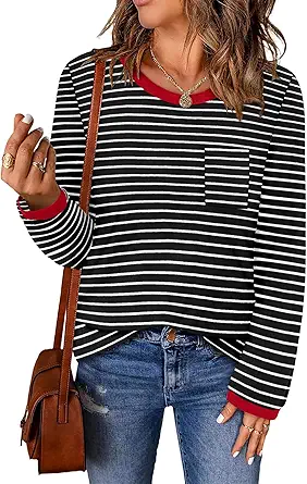 ONLYSHE Women's Casual Striped Long Sleeve Tops Crew Neck Knit Basic Loose Fit T Shirts Fall Fashion Tunic Outfits
