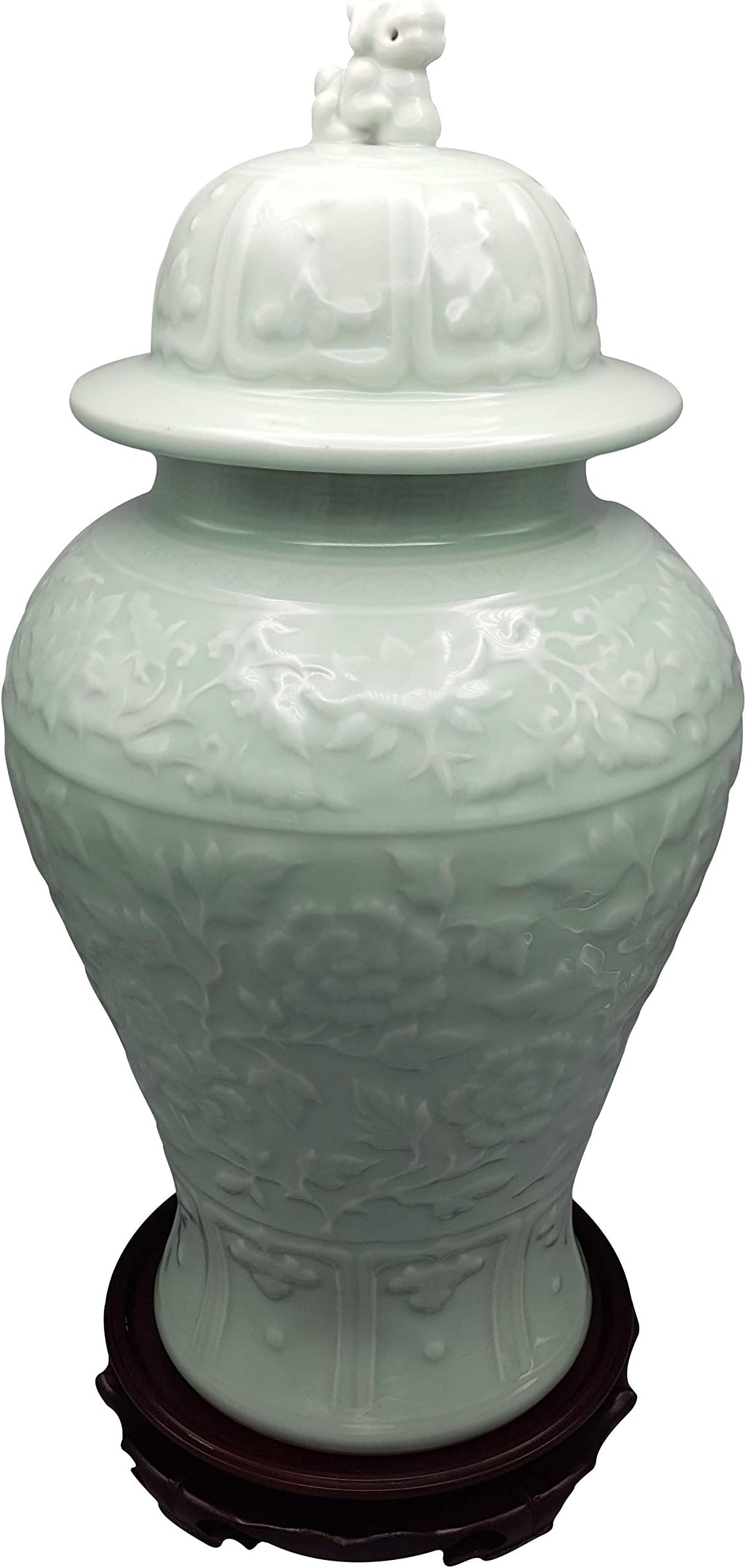 Oriental Furniture Warehouse Chinese Vase Carved Celadon with Lion Head Lid