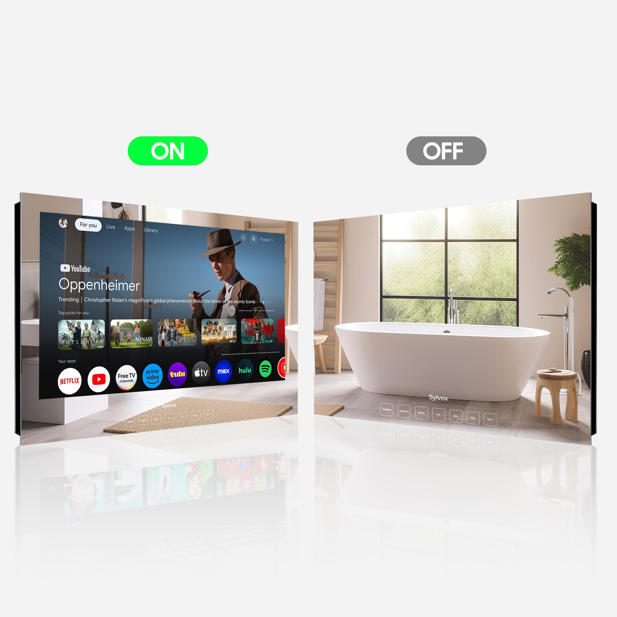 SYLVOX 32 Pollici Specchio TV, Smart Google Television 1080P FHD 500 Nits Mirror Montaggio Integrato Design Televisore IP65 impermeabile, DVB-C/T2/S2 | WiFi, Bluetooth, per Doccia, Bagno