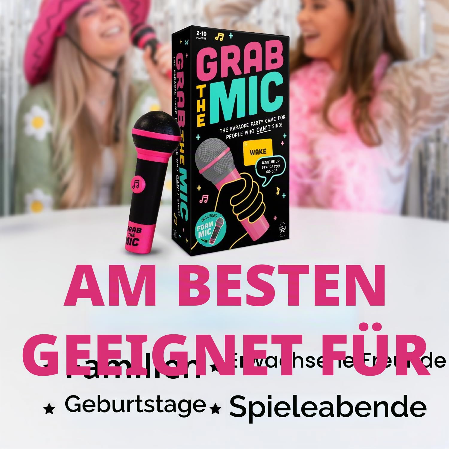 Lucky Egg Spannendes „Grab The Mic“ – Das Karaoke-Spiel für die ganze Familie ab 8 Jahren, 2–10 Spieler – Brettspiel für schlechte Sänger – 250 Songtextkarten für einen lustigen und witzigen Spieleabe