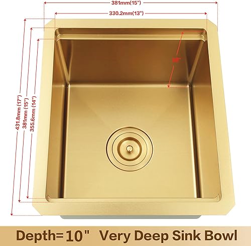 Miniatura 3 de LQS Fregadero pequeño de barra dorada para montaje inferior, fregadero de barra húmeda de PVD dorado y fregadero de cocina RV de 15 x 17 pulgadas,
