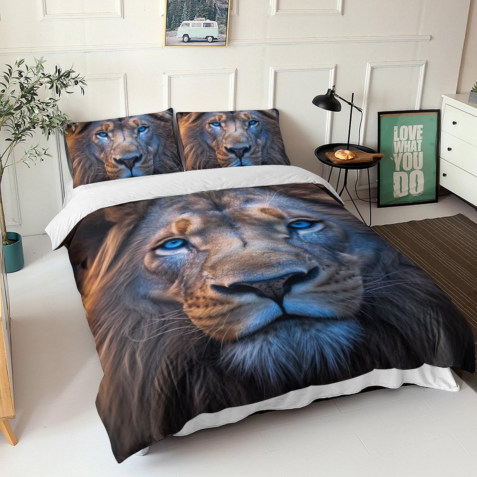 Ensemble de literie Lion 3D King 220x240 double hypoallergénique drap housse couette adultes
