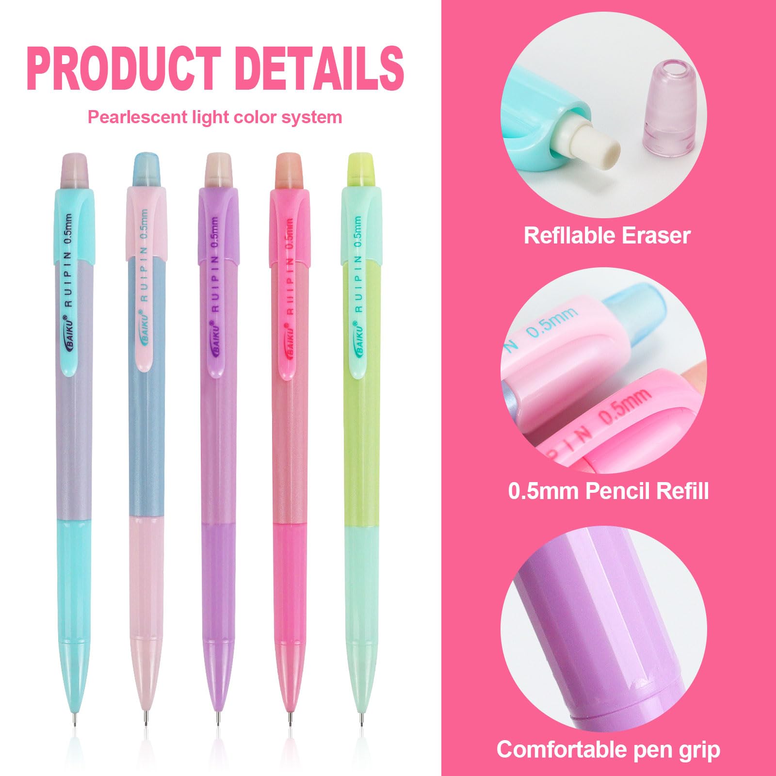 Buqoo Juego de portaminas, 5 lápices mecánicos pastel de 0.5 mm, 3 gomas de borrar degradadas de gelatina de caramelo con 80 recambios de mina HB 0.5 y bolsa con cremallera para arte, lápices de